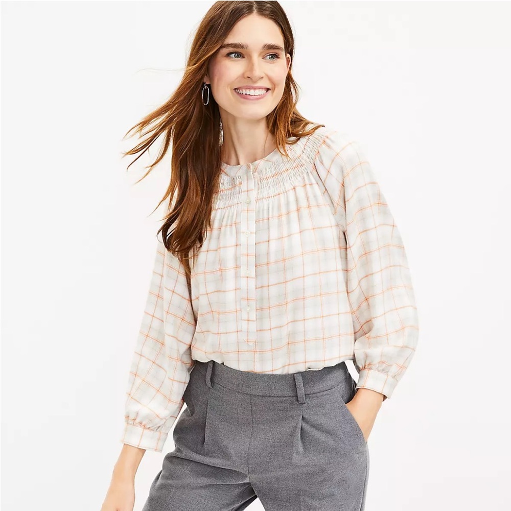 Loft Plaid Smocked Henley Blouse